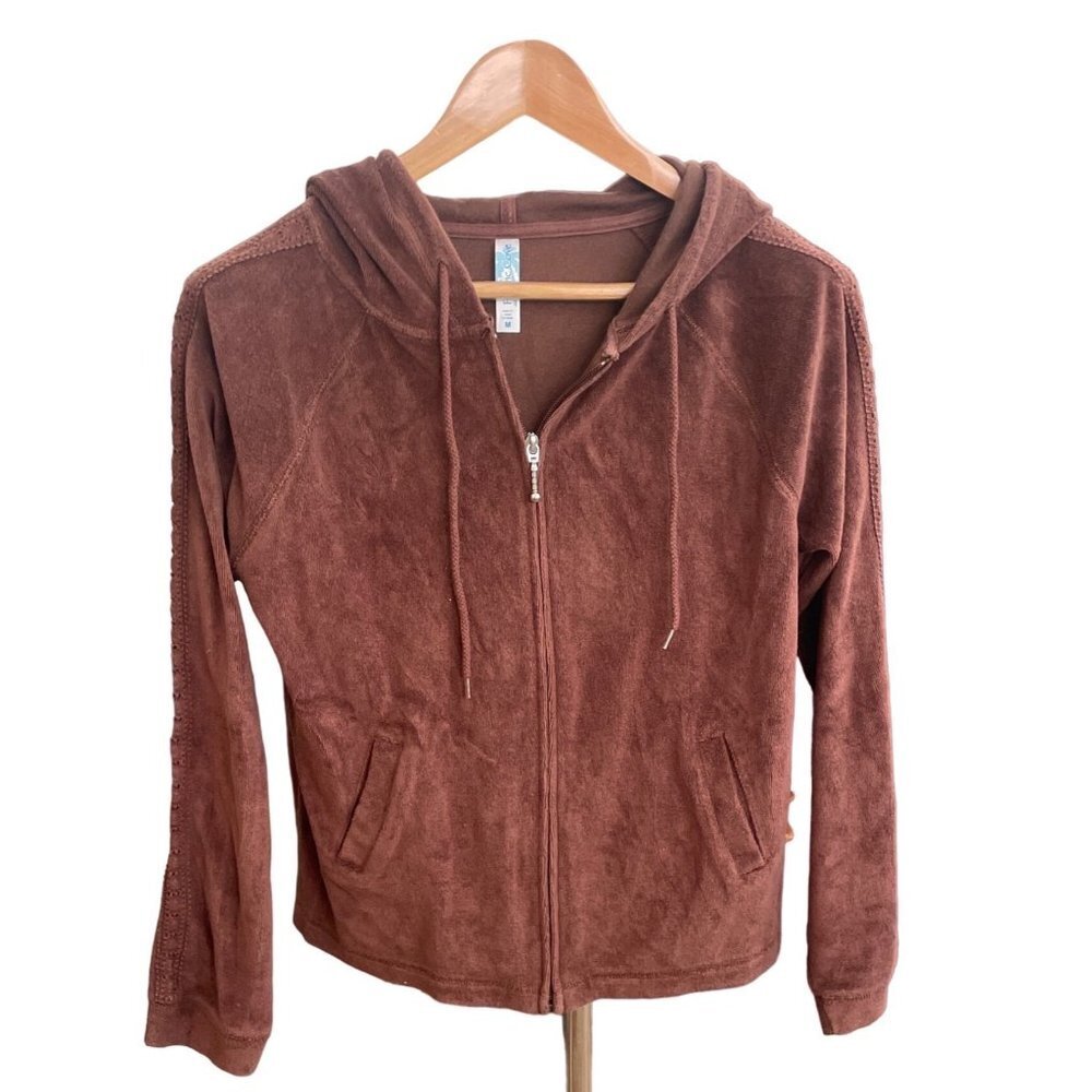 Pacific Cove Brown Hooded Full Zip Terry Cloth Lace Detail Jacket Sz M